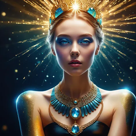 Portrait, masterpiece Vector Art, Elegant Jewelry (21yo Goddess hybrid:1.1) , the 21yo Goddess hybrid are Funny, [Soothing|Floating], 800mm lens, CineColor, vibrant Rays, stylized by Hans Zatzka,Full Body,Skin Pours,Hyper Realistic,Dust Particles,Sharp,high contrast,moody lighting