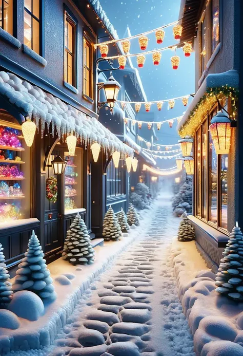 A snowy street with christmas lights and snow covered trees - SeaArt AI