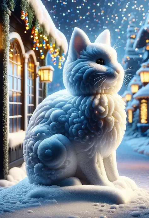 The village glows with warm golden light from colorful Christmas Lights hung along detailed cobblestone streets, reflecting off freshly fallen snow creating a surreal wintry fairytale atmosphere.,Sharp and in focus,8k, Moody lighting, (art by Huang Guangjian:0.8) and (Marc Davis:0.8) and (Eyvind Earle:1.0) and Rita Kernn-Larsen, masterwork Redshift render, <lora:SDXLFestiveSnow:1>, snow mode
