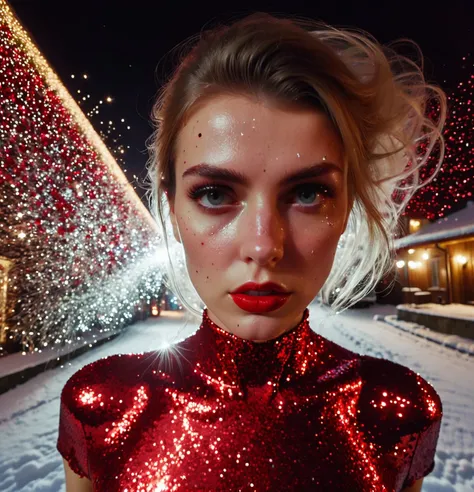 <lora:Sparkle_Explosion:0.7> sparkle explosion, falling glitter, Transparent glitter dress, Beautiful Young Slavic Woman, Zoomed, Fisheye,Bright Clear Eyes, stoic cinematic, 4k, epic detailed, photograph shot on kodak detailed bokeh cinematic hbo dark,Red mode,Red lips,Sad Face,Christmas,Raw,Raw image,Snapshot,Tears,Running Mascara