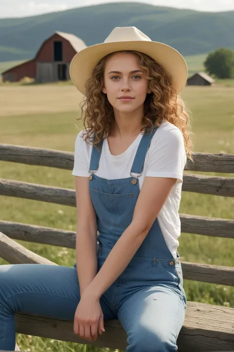(quaint countryside setting, summer day), young adult woman, rustic casual summer fashion, (sitting on a wooden fence), thoughtful and serene pose, shoulder-length curly hair, light, sun-kissed makeup, (denim overalls over a simple white t-shirt), comfortable boots, (holding a straw hat), (background: rolling hills, a distant barn, wildflowers), soft sunlight, (sense of relaxation and connection with the rural landscape) sfw