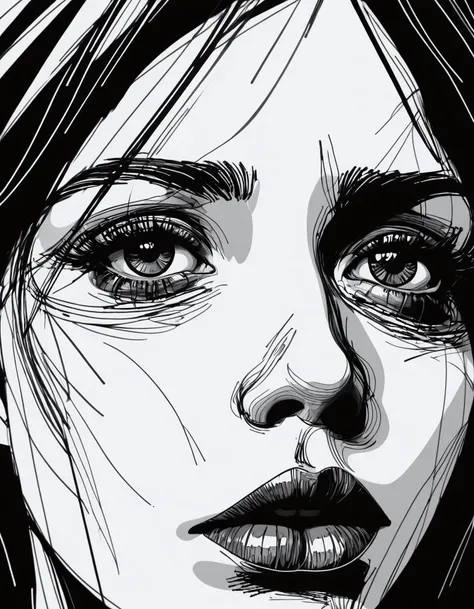 scratchy pen strokes, blind contour, fisheye perspective close-up, beautiful girl's face in darkness, stark hatch shaded sketchy scribbly, ink, strong angular shapes, woodcut shading, pen strokes, pouty lips, hungry eyes, minimalist realistic, distorted perspective, 4k, uhd, masterpiece
