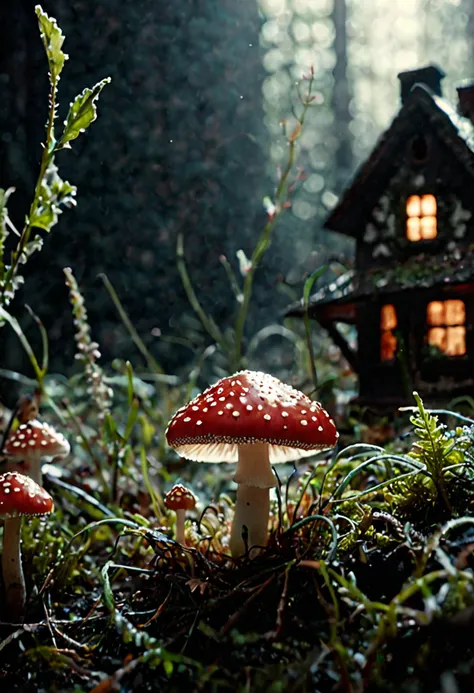 professional 3d model a closeup macro photo of a slightly red/white translucent small fly agaric mushroom with little Houses on its surface,Super Closeup,a Huge floating Natural mushroom habitus,Spiritual Ethereal installation,
deep Blacks,very detailed,atmospheric haze,Film grain,cinematic film still,shallow depth of field,highly detailed,high budget,cinemascope,moody,epic,OverallDetail,2000s vintage RAW photo,photorealistic,candid camera,color graded cinematic,eye catchlights,atmospheric lighting,imperfections,natural,shallow dof, . octane render, highly detailed, volumetric, dramatic lighting