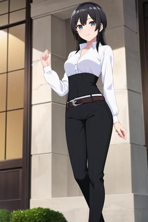 ((masterpiece, best quality)),1girl,standing,indoors,medium breasts,belt, elna stongs, elna, ore dake haireru, belt_buckle, black_hair, black_pants, long_sleeves, looking_at_viewer, outdoors, pants,standing, white_shirt, <lora:elnamix:0.7>