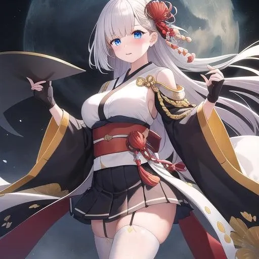 (masterpiece, best quality:1.2),illustration,8k,hd,1girl,solo,cowboy shot,shoukaku (azur lane),very long hair,blush,fringe,blue eyes,white thighhighs,large breasts,silver hair,japanese clothes,short kimono,pleated skirt,wide sleeves,mole under eye,hair ornament,flower (flowers),black gloves,black skirt,partly fingerless gloves,<lora:Shoukaku(azur)>,