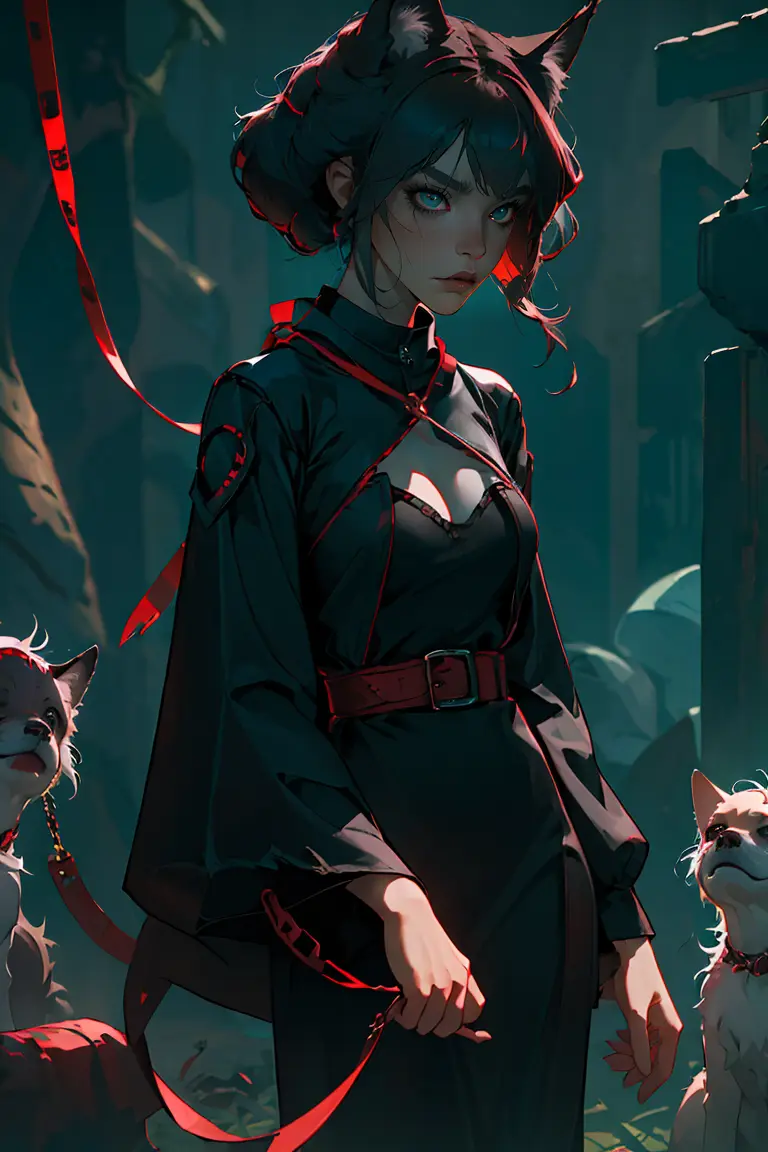 (best quality, masterpiece), fox Monsters, 1girl, holding leash, dark mood,