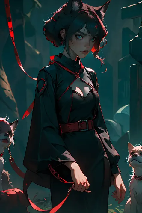 (best quality, masterpiece), fox Monsters, 1girl, holding leash, dark mood,