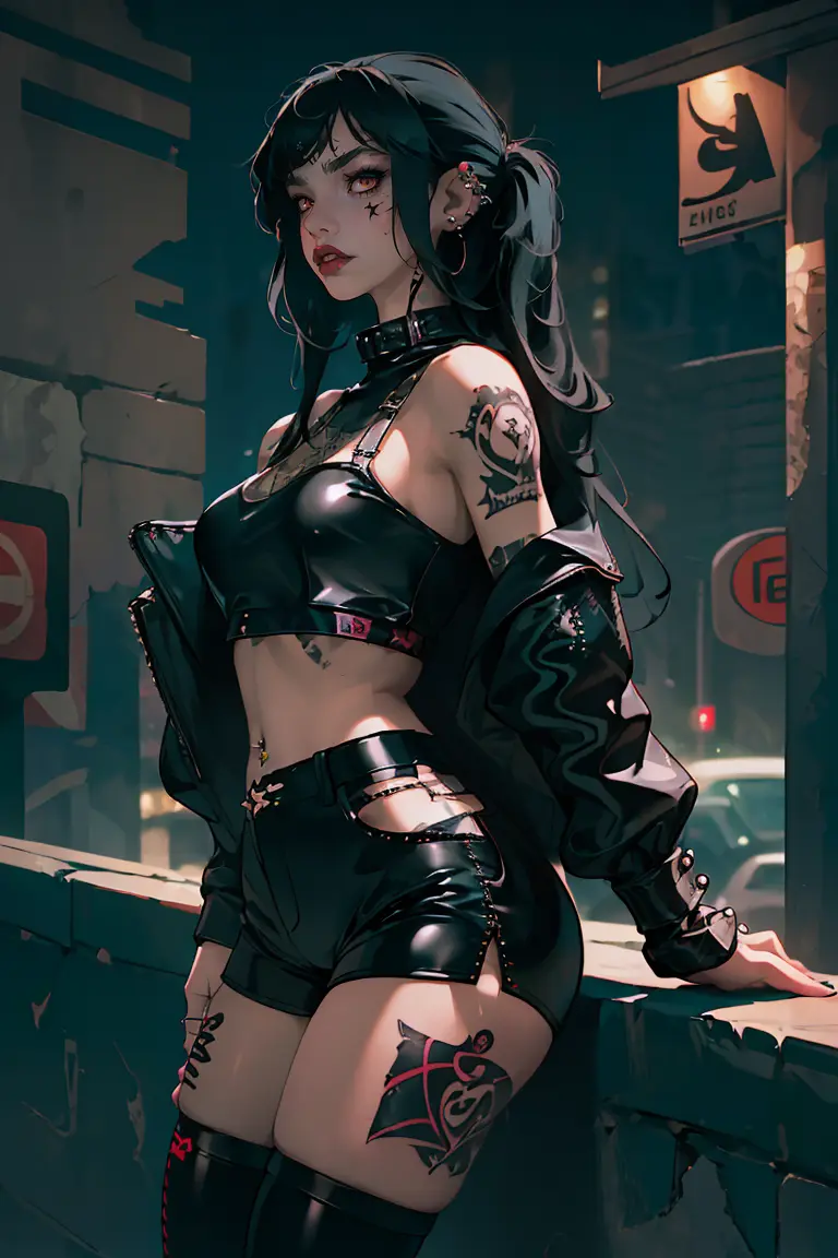 (best quality, masterpiece), 1girl, (emo girl, piercing:1.3), fishnet Stockings, latex shorts, tattoo, long hair, night, street,