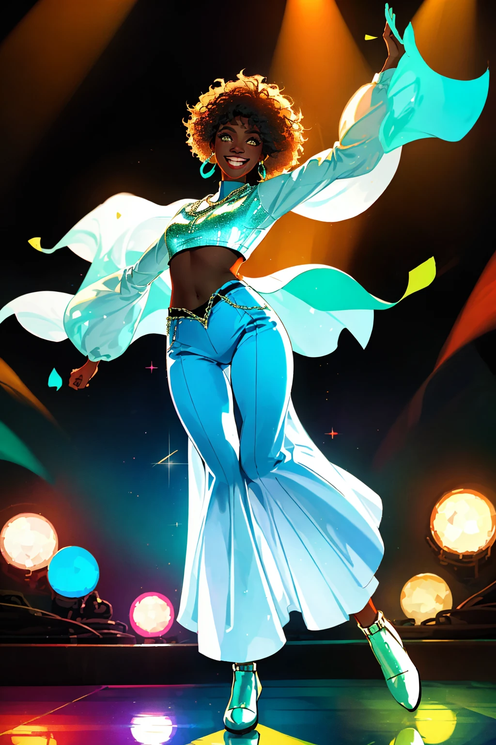 ung female ,  smile, dark skin tone, afro hair,  a pair of sparkly bell-bottoms, a white blouse,   orange and cyan tone, 1970s,   huge ear ring, Bell-bottoms, flares,   Disco Mirror Ball,
disco dancing pool
 rich colors ,hyper realistic ,lifelike texture, dramatic lighting ,