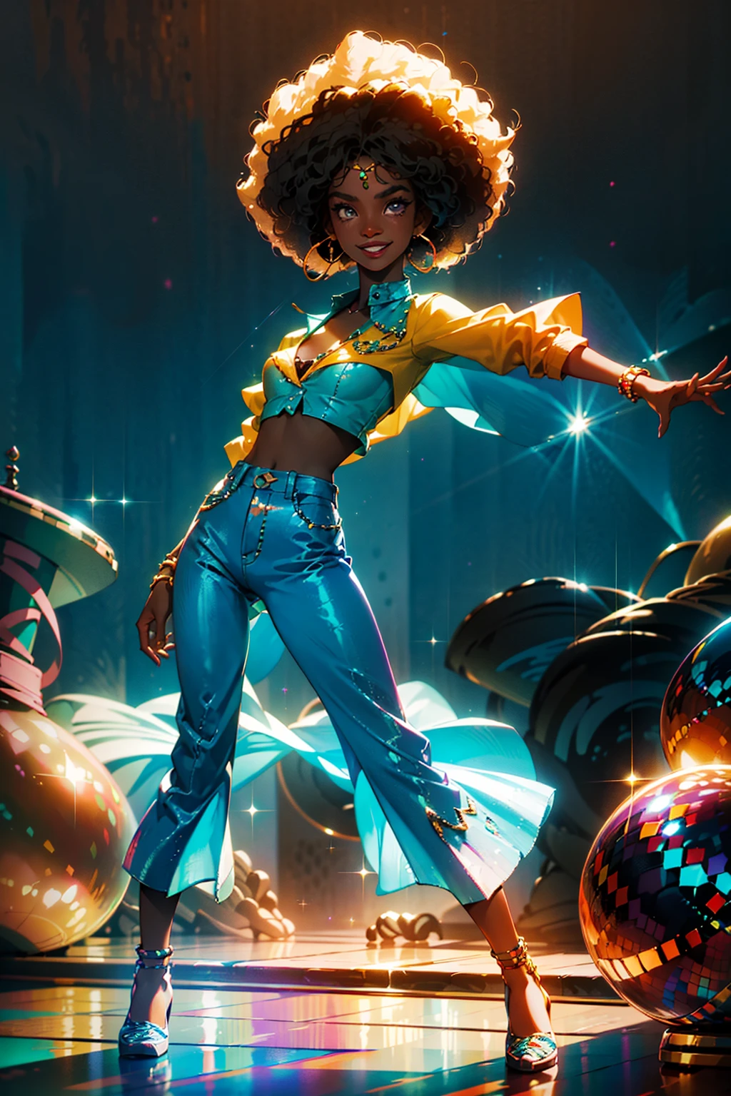 ung female , smile, dark skin tone, afro hair, stud in flared pants and sparkly jacket shirt orange and cyan tone, 1970s, huge ear ring, Bell-bottoms, flares, Disco Mirror Ball,
disco dancing pool
rich colors ,hyper realistic ,lifelike texture, dramatic lighting ,
