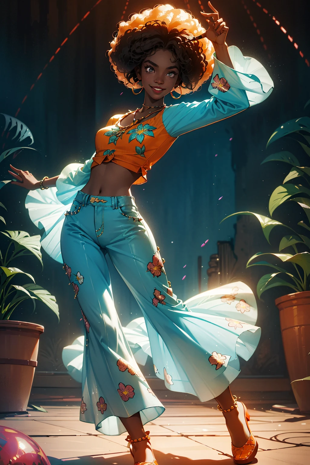 ung female , smile, dark skin tone, afro hair, stud in flared pants and a printed floral shirt orange and cyan tone, 1970s, huge ear ring, Bell-bottoms, flares, Disco Mirror Ball,
disco dancing pool
rich colors ,hyper realistic ,lifelike texture, dramatic lighting ,