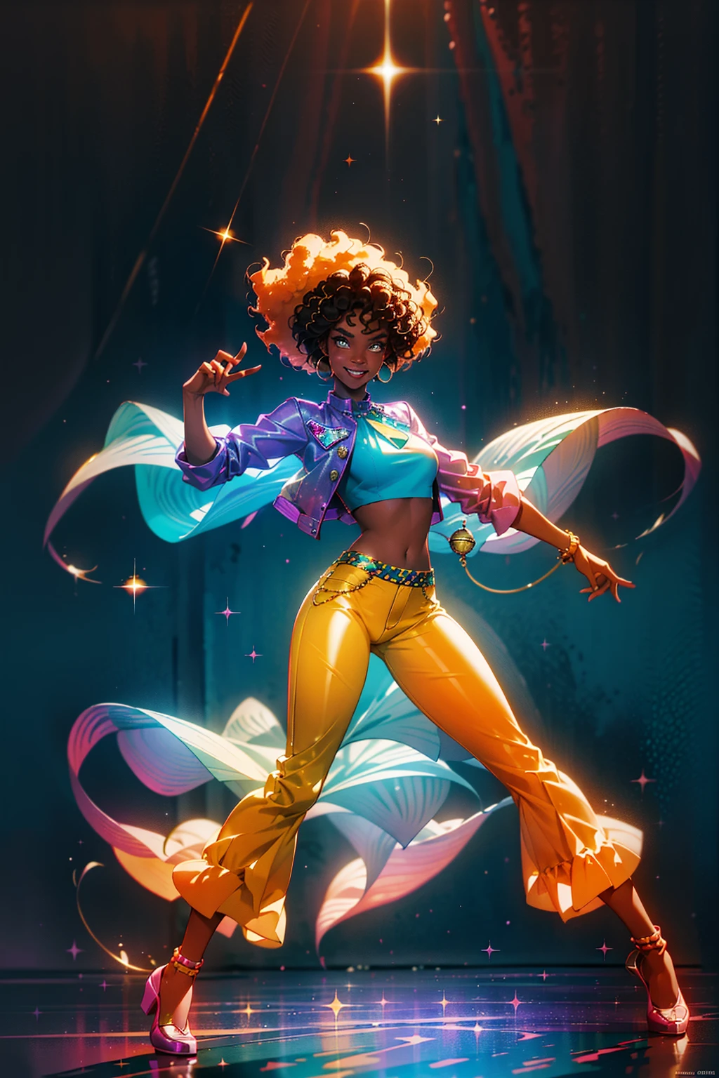 ung female , smile, dark skin tone, afro hair, stud in flared pants and sparkly jacket shirt orange and cyan tone, 1970s, huge ear ring, Bell-bottoms, flares, Disco Mirror Ball,
disco dancing pool
rich colors ,hyper realistic ,lifelike texture, dramatic lighting ,