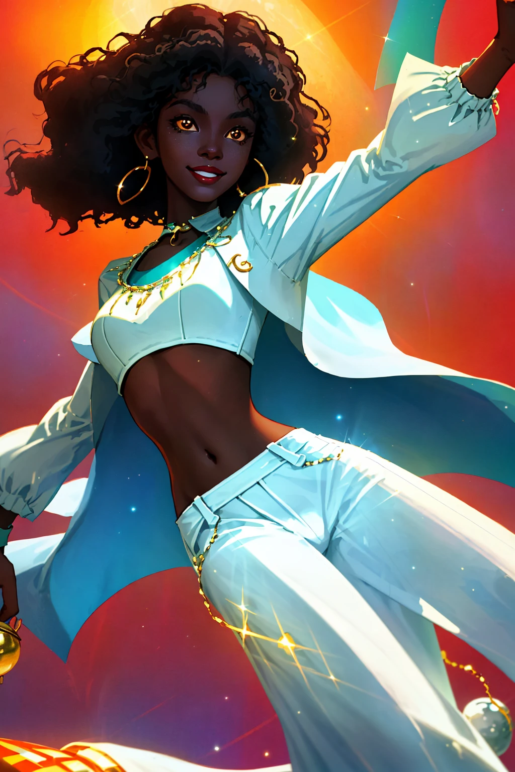 ung female , smile, dark skin tone, afro hair, a pair of sparkly bell-bottoms, a white blouse, orange and cyan tone, 1970s, huge ear ring, Bell-bottoms, flares, Disco Mirror Ball,
disco dancing pool
rich colors ,hyper realistic ,lifelike texture, dramatic lighting ,
