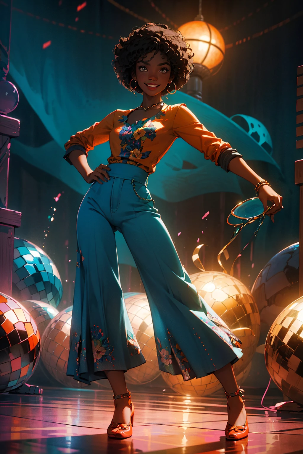 ung female , smile, dark skin tone, afro hair, stud in flared pants and a printed floral shirt orange and cyan tone, 1970s, huge ear ring, Bell-bottoms, flares, Disco Mirror Ball,
disco dancing pool
rich colors ,hyper realistic ,lifelike texture, dramatic lighting ,
