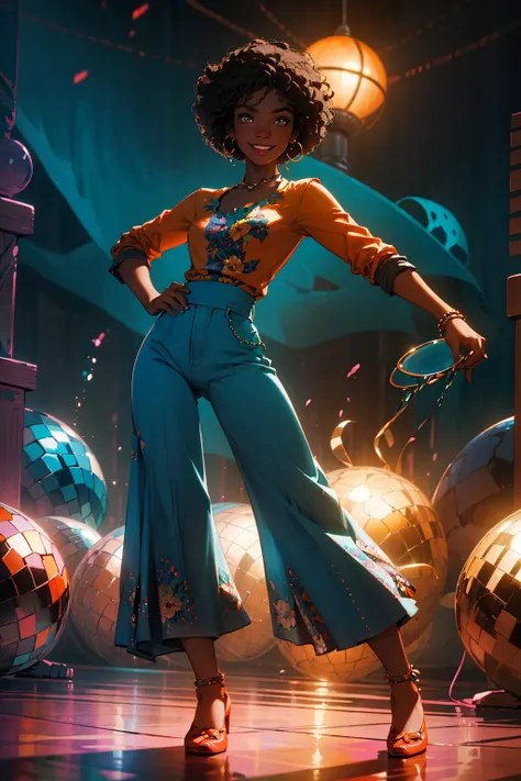 1 young female ,  smile, dark skin tone, afro hair,   stud in flared pants and a printed floral shirt   orange and cyan tone, 1970s,   huge ear ring, Bell-bottoms, flares,   Disco Mirror Ball,
disco dancing pool
 rich colors ,hyper realistic ,lifelike texture, dramatic lighting ,