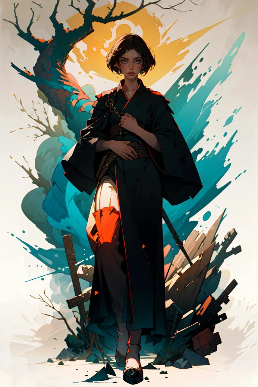 (masterpiece, best quality:1.2), absurdres, 8k, frenzied action painting, mute color palette, in the style of thick coating,
Vibrant Ink, Luministic Oil Painting, iridescent wash, dramatic and expressive angle, detailed background, illustration,
1girl in black robe with golden stitching, full body, timeless, dead tree and fallen leaves,
rule of thirds, cinematic lighting, saturated contrast, rough edges, emotional gestural strokes,