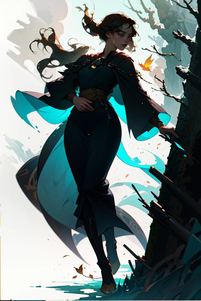 (masterpiece, best quality:1.2), absurdres, 8k, frenzied action painting, mute color palette, in the style of thick coating,
Vibrant Ink, Luministic Oil Painting, iridescent wash, dramatic and expressive angle, detailed background, illustration,
1girl in black robe with golden stitching, full body, timeless, dead tree and fallen leaves,
rule of thirds, cinematic lighting, saturated contrast, rough edges, emotional gestural strokes,