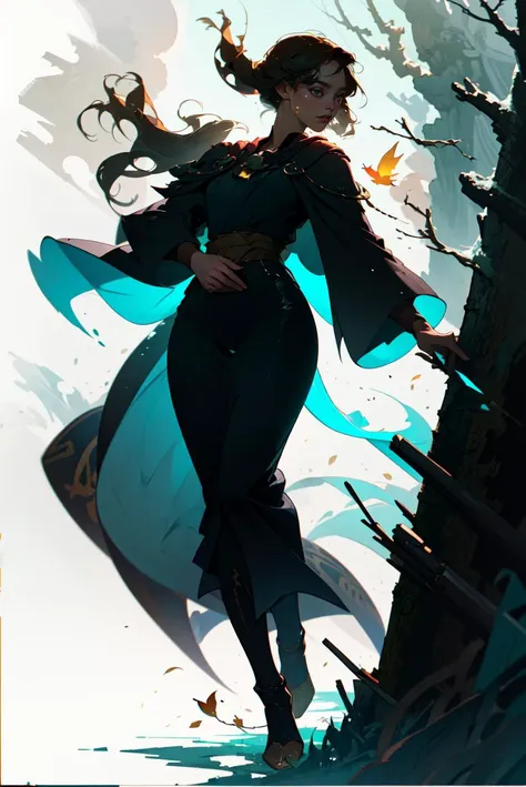 (masterpiece, best quality:1.2), absurdres, 8k, frenzied action painting, mute color palette, in the style of thick coating,
Vibrant Ink, Luministic Oil Painting, iridescent wash, dramatic and expressive angle, detailed background, illustration,
1girl in black robe with golden stitching, full body, timeless, dead tree and fallen leaves,
rule of thirds, cinematic lighting, saturated contrast, rough edges, emotional gestural strokes,