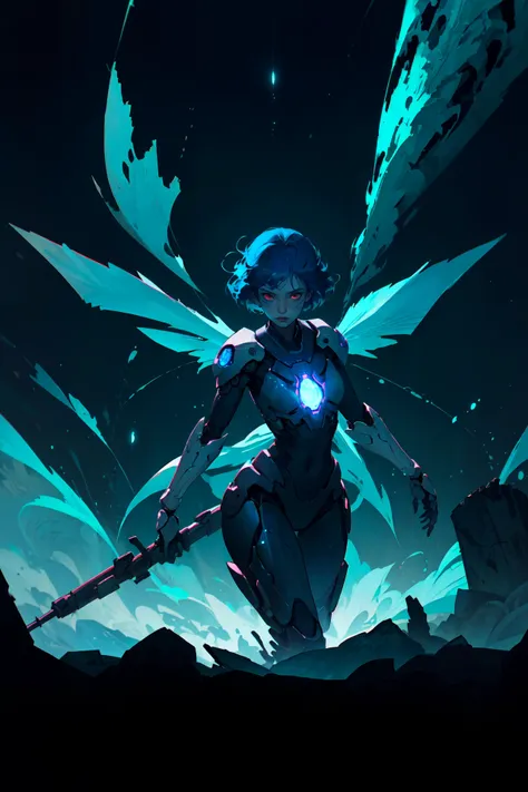 absurdres, 1girl, red eyes, solid eyes, blue hair, short hair, wide-eyed, eyelashes, looking at viewer, concept art, science fiction, cowboy shot, mechanical, cover, black background, skinny, mechanical wings, posing, glowing, outdoors