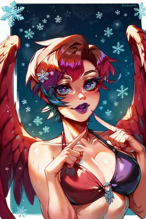 Anime style, source_anime, ((medium round breasts)), (1 Girl), ((gray hair, short hair with bangs)), black eyes, double eyelids, light effect in the eyes, wide hips, naughty smile, ((hourglass hot perfect sexy robust body)), solo, best quality, masterpiece, portrait, flirting with viewer, sensual pose, detailed, perfect anatomy, detailed art, high definition, 4k , high resolution, ((sexy clown pomni cosplay)),