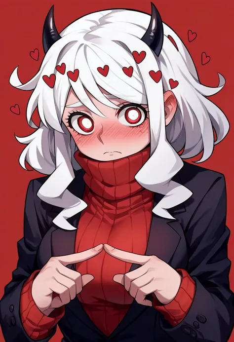 score_9, score_8_up, score_7_up, source_anime, solo, 1girl, modeus \(helltaker\), helltaker, blush, shy, looking at viewer, index fingers together, white hair, horns, red eyes, formal, black jacket, red sweater, turtleneck <lora:pose_indexfingerstogether_ponyXL:1>