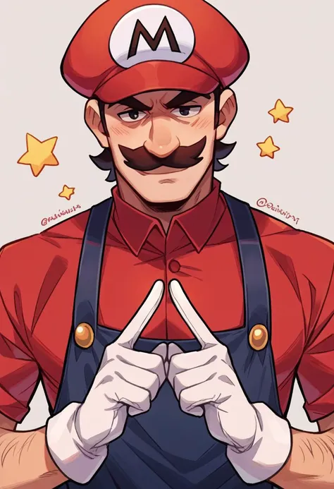 score_9, score_8_up, score_7_up, source_cartoon, 1boy, portrait, <lora:pose_indexfingerstogether_ponyXL:1.1> index fingers together, mario, mustache, white gloves, hat, simple background