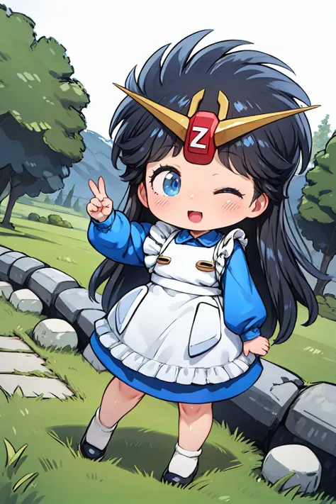 masterpiece,best quality,1girl,chibi,z-chan,blue eyes,black hair,long hair,hair ornament,v-fin,blue dress,long sleeves,white apron,smile,one eye closed,open mouth,spread arms,village,tree,grass,stone walkway,dutch angle,<lora:Concept-control tool-add_detail-CyberAIchemist:0.7>,<lora:Z-chan_lora_ver1:0.8>,