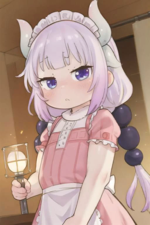 1 little girl, Maid Dragon, Kanna, Pouting, angry, look at viewer, night light, cartoon style, best quality, masterpiece,  <lora:Kanna_Sora9:0.9>, (masterpiece,best quality:1.5)