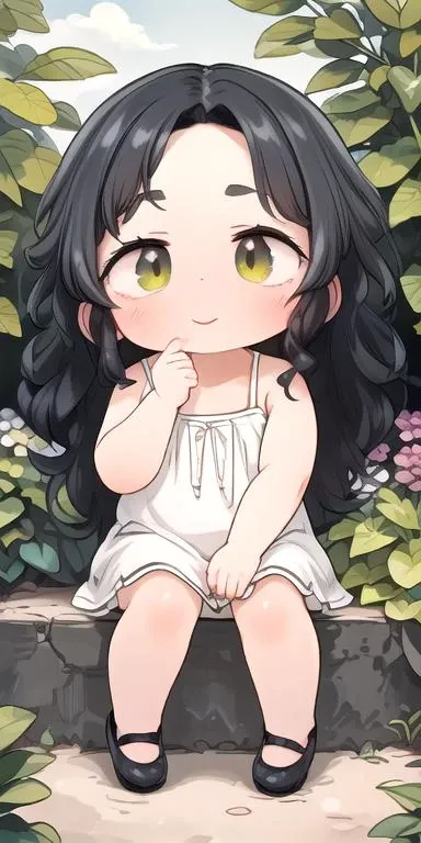 anime, best quality, absurd resolution, intricate detail, (perfect detail features), 8k, UHD, (masterpiece:1.4), (high quality:1.4), high definition, animation, illustration, highly detailed, highres, extremely detailed, sharp focus, <lora:hyperdenoiser_v090:0.5>, <lora:hyperrefiner_v090:0.5>, <lora:add_detail:0.3>, 4k, absurd resolution, detailed hands, (detailed eyes:1.3), <lora:sd15_lora_beta:1>, <lora:perfetfingers:0.5>, <lora:ETO_OC:0.2> ETO-OC, <lora:ETO_OCC006:0.5>, ETO_OCC, (curly hair:1.3), (long hair:1.1), (black hair:1.5), thick eyebrows, pale skin, 1girl, ((hazel-green-brown eyes), (multicolored eyes)), smiling, looking at viewer, mature female, (parted bangs:1.8), (apple-cheeks, round-face, round-chin), <lora:taremeEyes_v10:0.5>, perfect eyes, full body, dress, (sfw), outdoors, garden, sky, happy, <lora:edgChamYellowSundress:0.5> edgYSD, (wearing a yellow sundress)