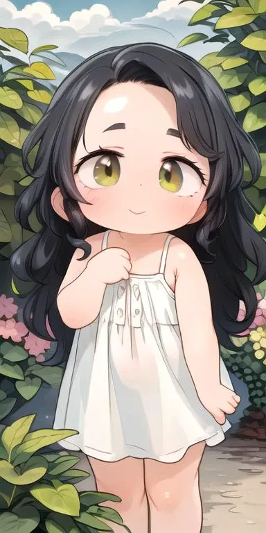 anime, best quality, absurd resolution, intricate detail, (perfect detail features), 8k, UHD, (masterpiece:1.4), (high quality:1.4), high definition, animation, illustration, highly detailed, highres, extremely detailed, sharp focus, <lora:hyperdenoiser_v090:0.5>, <lora:hyperrefiner_v090:0.5>, <lora:add_detail:0.3>, 4k, absurd resolution, detailed hands, (detailed eyes:1.3), <lora:sd15_lora_beta:1>, <lora:perfetfingers:0.5>, <lora:ETO_OC:0.2> ETO-OC, <lora:ETO_OCC006:0.5>, ETO_OCC, (curly hair:1.3), (long hair:1.1), (black hair:1.5), thick eyebrows, pale skin, 1girl, ((hazel-green-brown eyes), (multicolored eyes)), smiling, looking at viewer, mature female, (parted bangs:1.8), (apple-cheeks, round-face, round-chin), <lora:taremeEyes_v10:0.5>, perfect eyes, full body, dress, (sfw), outdoors, garden, sky, happy, <lora:edgChamYellowSundress:0.5> edgYSD, (wearing a yellow sundress)