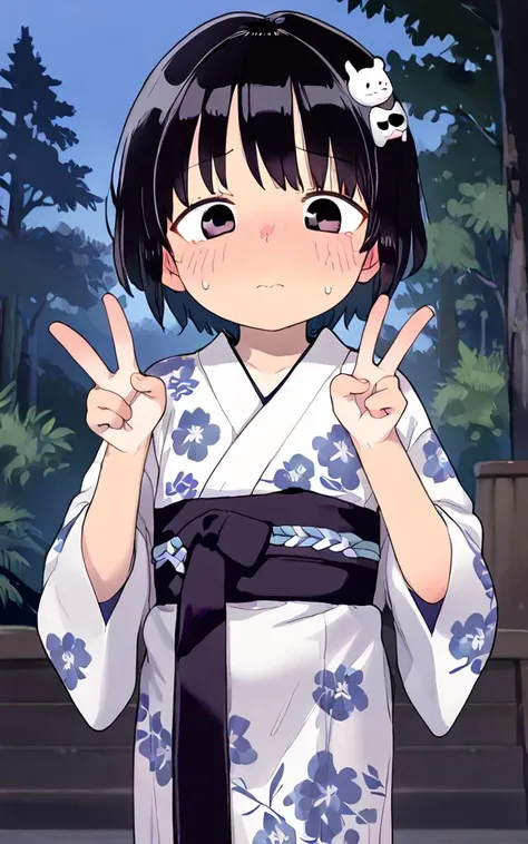 solo, embarrassed, full-face blush, looking down, tomboy, girl, teenager, adolescent, black hair, bangs, short hair, flat chested, (tan:1.2), three-quarter portrait, narrow waist, boy short, (v sign:0.8), summer outside night, forest, jyojifuku, yukata, japanese clothes, floral print,hair ornament,