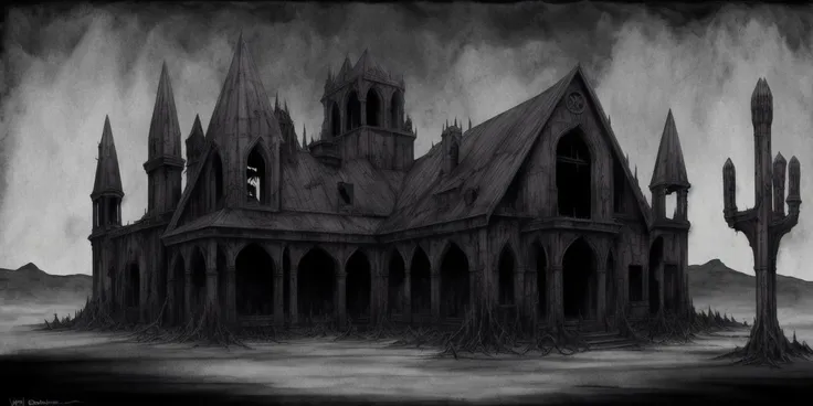 <lora:concept art-v1.0:1> Dark Surrealism, Sinister Raven, Desolate Desert, Moody and Contrasting Colors, Dramatic Play of Light and Shadows, Eerie Atmosphere, Decaying Architecture, Rough and Weathered Textures, Angular and Distorted Shapes, Tension-Filled Composition, Symbolic Imagery, Sense of Dread, Ink Washes and Ink Pen Detailing, Mythical Creature of Nightmares, Twisted Flora, Celestial Moon, Mysterious Fog, Witching Hour, Haunting Vibe, Veil of Uncertainty