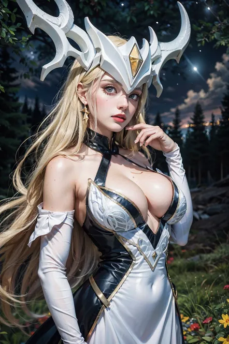 coven lissandra, 1girl, white dress, detached sleeves, blonde hair, large breasts, solo, detailed face, looking at viewer, upper body, cowboy shot, dark, forest, night, starry sky, tree, (masterpiece:1.2, best quality) <lora:Lissandra_Coven:0.7>,upper body, huge breasts, Gem,topaz, best quality, UHD, ccurate, award winning, super detail, 4K