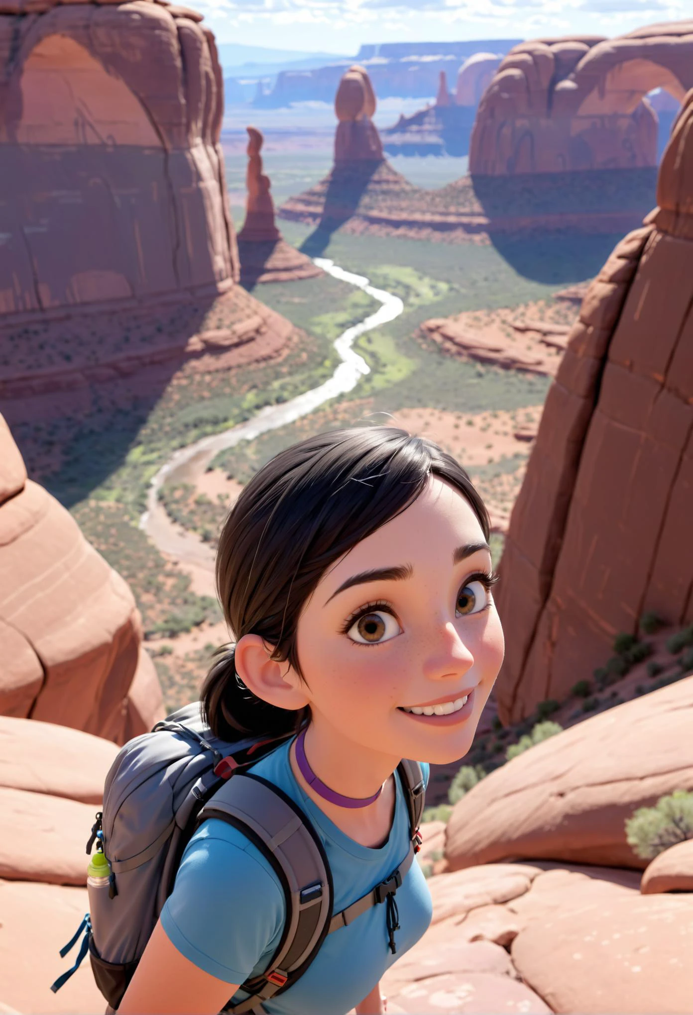 modisn disney, photo-realistic cartoon style, a mature woman at the top of a mountain in awe of the serene view of arches national park, small smile, (hiking pack:1.1), (water bottle:0.9), from above, side view, detailed background, sharp details