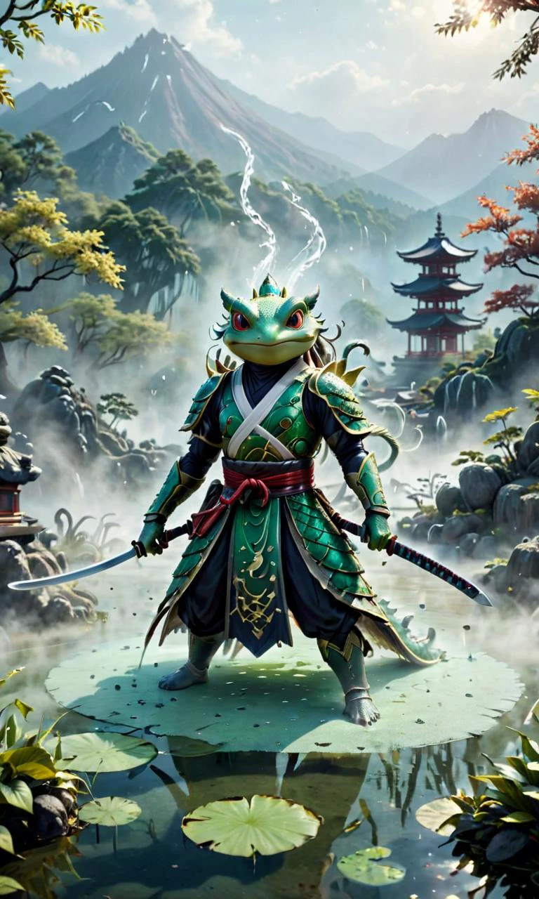 A ninja toad wearing kabuki makeup and costumes and using magic to summon water spirits. with a long katana, fog and swirling pond
Break, Sulfur hot springs in beautiful nature in the background. Ancient White Serpent spirits
Break, full shot, cinematic lighting, dramtic Scene, fantasy, pixar 3D model style,
<lora:XL_Weapon_Katana_-_By_HailoKnight:0.1> katana, <lora:Gelatine_XL:0.4> Gelatine, <lora:Fantasy_Creatures:0.5>, <lora:eastern_dragon_xl_v1:0.5> eastern dragon