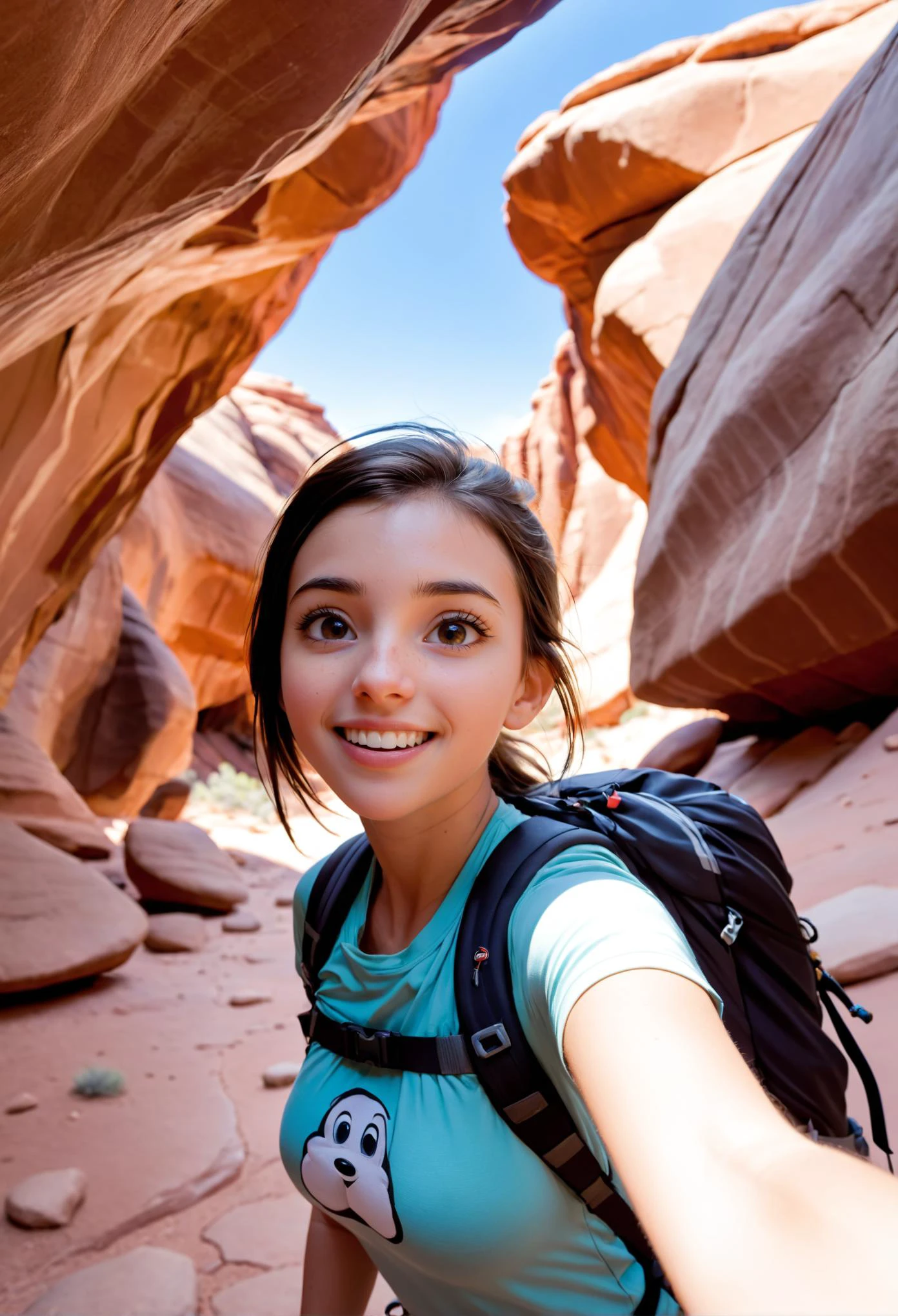 modisn disney, photo-realistic cartoon style, a 29 yo woman under a giant rock formation in arches national park, (hiking pack:1.1), (from below:0.9), posing for selfie, small smile, looking at viewer, upper body, close up, detailed background, sharp details