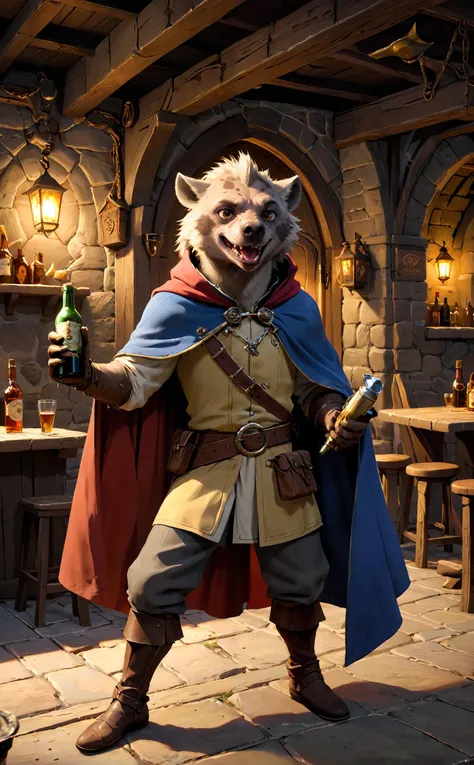 1 man. The mixing race ratio between the hyena and the human is 8:2, and he is dressed as a small traveler. He also has one eye and holds a bottle of alcohol in one hand and a classic musket pistol in the other. Wearing a light hood and cape, Dungeons & Dragons' Gnoll Race
Break, The background is a lively tavern near the port.
Break, full shot, cinematic lighting, dramtic Scene,High quality 3D rendering, fantasy, Pixar 3D character design style.
<lora:add-detail-xl:0.8>, <lora:xl_more_art-full_v1:0.5>,