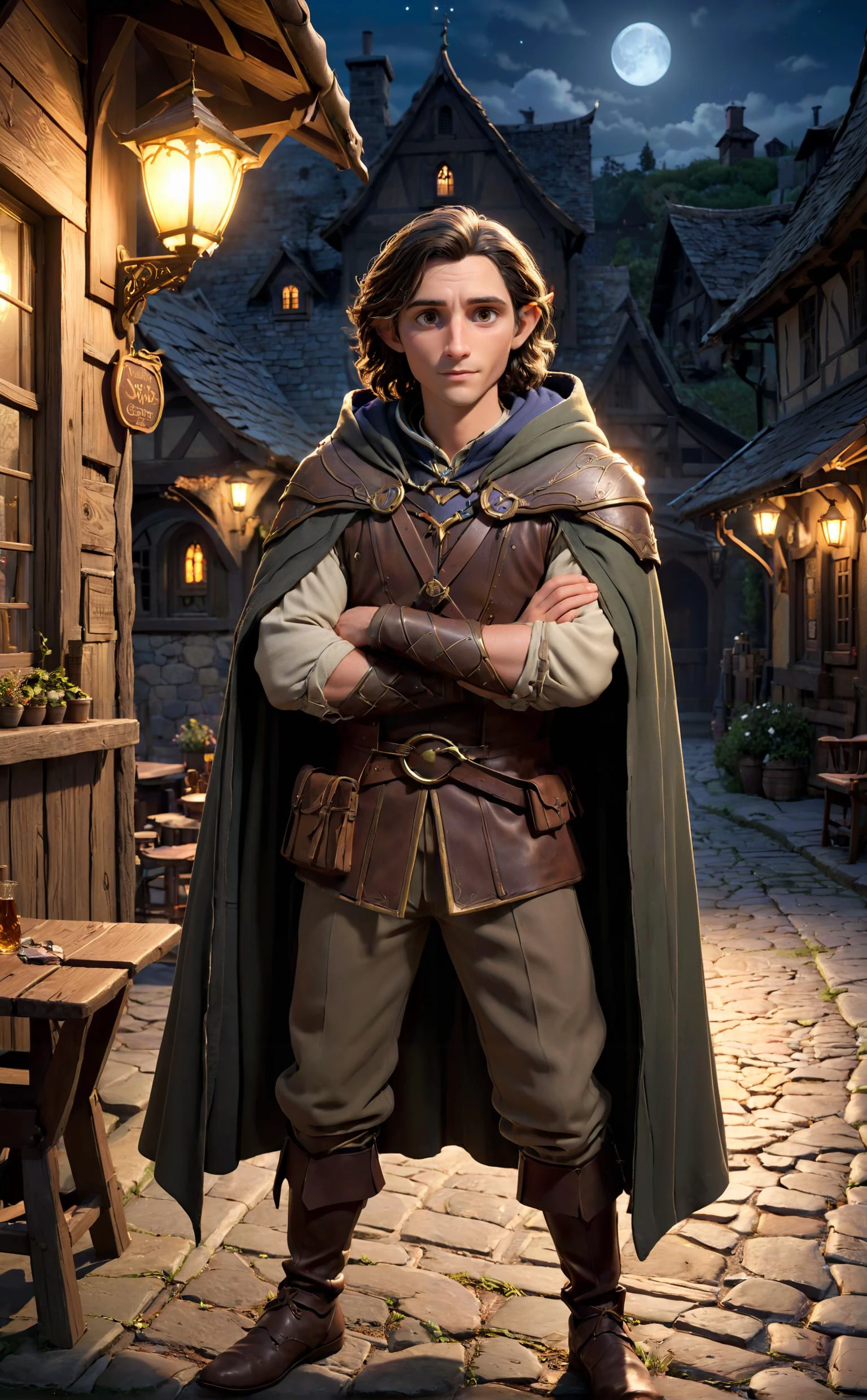 1 man,middle aged, As a watchman and scout who protects the village, he is a mixed race between a high elf and a human. 
Break, He wears a light leather outfit old worn from a long journey, a cotton hooded cloak, and is armed with a bow and middle sword.
Break, The background is in front of a brightly lit tavern on a dark night.
Break, (full body camera shot:1.5), cinematic lighting, dramtic Scene,High quality 3D rendering, fantasy, Pixar 3D character design style. mixed between Viggo Mortensen and Timothée Hal Chalamet 
<lora:add-detail-xl:0.8>, <lora:xl_more_art-full_v1:0.5>,