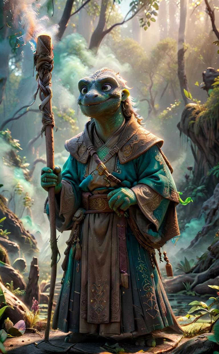 1 Lizard Man, worn for a long time Komodo dragon, a monk wearing a wool Religious habit, leaning on a wooden stick in one hand
Break, The background is a huge swamp with a mixture of different colors of smoke swirling around and softly glowing runes engraved on the bottom.
Break, full shot, cinematic lighting, dramtic Scene,High quality 3D rendering, fantasy, Pixar 3D character design style, ZBrush high-polygon modeling,
<lora:add-detail-xl:0.8>, <lora:xl_more_art-full_v1:0.5>, <lora:Arcane:0.6> ais-rcn, <lora:Cute_3D_Cartoon:0.8>