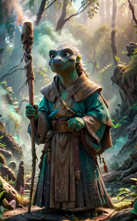 1 Lizard Man, worn for a long time Komodo dragon, a monk wearing a wool Religious habit, leaning on a wooden stick in one hand
Break, The background is a huge swamp with a mixture of different colors of smoke swirling around and softly glowing runes engraved on the bottom.
Break, full shot, cinematic lighting, dramtic Scene,High quality 3D rendering, fantasy, Pixar 3D character design style, ZBrush  high-polygon modeling,
<lora:add-detail-xl:0.8>, <lora:xl_more_art-full_v1:0.5>,  <lora:Arcane:0.6> ais-rcn, <lora:Cute_3D_Cartoon:0.8>