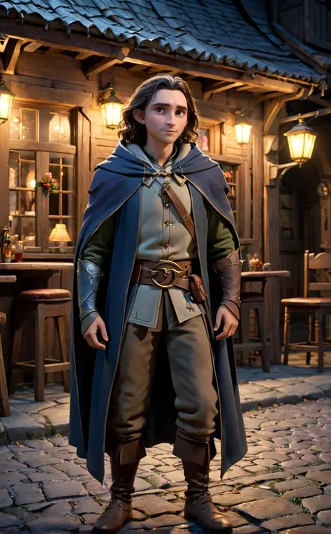 1 man,middle aged, As a watchman and scout who protects the village, he is a mixed race between a high elf and a human.
Break, He wears a light leather outfit old worn from a long journey, a cotton hooded cloak, and is armed with a bow and middle sword.
Break, The background is in front of a brightly lit tavern on a dark night.
Break, (full body camera shot:1.5), cinematic lighting, dramtic Scene,High quality 3D rendering, fantasy, Pixar 3D character design style. mixed between Viggo Mortensen and Timothée Hal Chalamet
<lora:add-detail-xl:0.8>, <lora:xl_more_art-full_v1:0.5>,