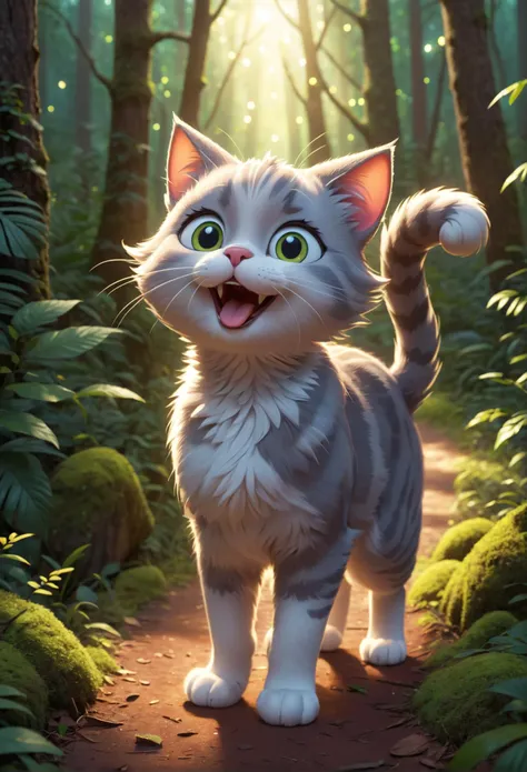 modisn disney, hyper-realistic cartoon style, cute cat on a forest path, glowing energy, detailed background, sharp details