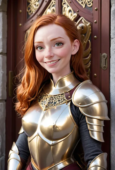 modisn disney, medieval fantasy, mature woman standing guard, extravagant gilded door, armor, irish, ginger, small smile, cowboy shot, close up, detailed background, natural skin