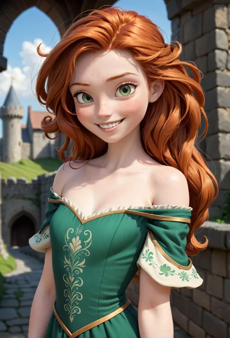 modisn disney, cartoon style, medieval fantasy, 26yo woman, irish, ginger, off shoulder dress, small smile, upper body, detailed natural skin