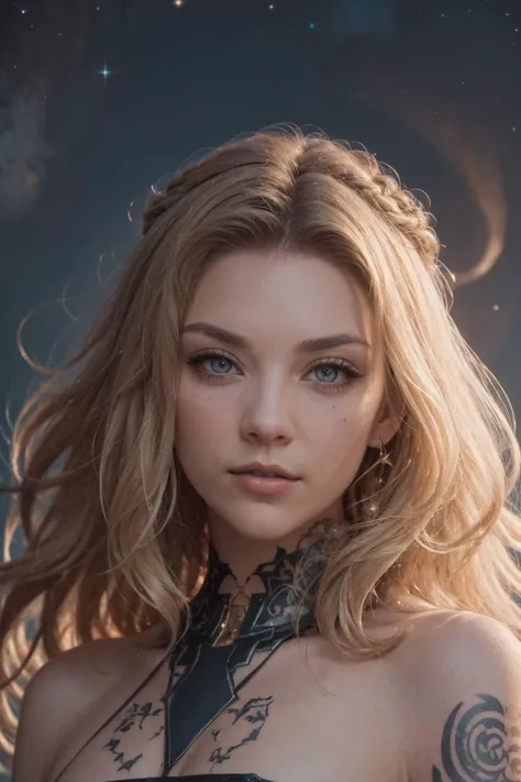 8k RAW professional photo of beautiful ntdr woman in viking armor sit, stunning beautiful woman,(mugshot),astrophotography, blond hair, in field with a starry sky,beautiful face,makeup, amazing eyes, expressive features (masterpiece), (extremely intricate:1.3),(realistic), dslr, soft lighting, high quality, film grain, Fujifilm XT3,sharp focus, tattoo, <lora:detail_slider_v4:0.8>,neon, fog, slim smile face,tattoo, <lora:ReaLora:0.6> <lora:NataliaDormerDogu2:0.8>