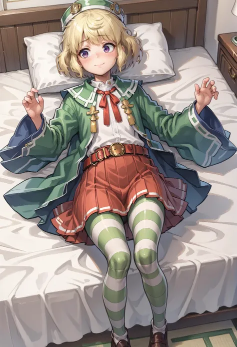 1girl, solo, skirt, blonde hair, purple eyes, red skirt, striped clothes, hat, short hair, brown footwear, pleated skirt, pantyhose, long sleeves, shoes, belt, white shirt, shirt, thighhighs, striped thighhighs, green cloak, wide sleeves, laying, on back, bed, indoors, bedroom, surprised, nervous smile, closed mouth, blushing, looking to the side <lora:Carrie_XL:0.8>, score_9, score_8_up, score_7_up, score_6_up, score_5_up, score_4_up, BREAK source_anime, masterpiece