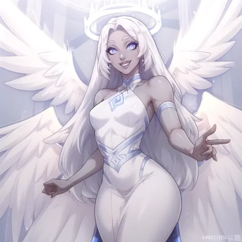 (masterpiece, best quality:1.3), 1girl, solo, looking at viewer, wide hips, mature female, closed mouth, small breasts, cowboy shot, thick thighs,  <lora:add_detail:.5>  Emily, angel, angel wings, halo, long hair, smile, blue eyes, white hair, (grey skin:1.2), colored skin, light blue sclera, very long hair, white dress, open mouth  <lora:Emily Hazbin Hotel:.7>