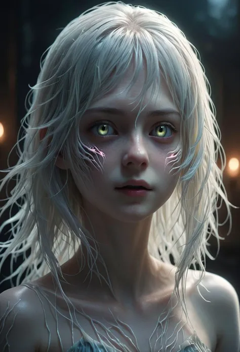 full body, hyperrealistic horror shot of a (ghostly ectoplasm:1.5) , creepy, foggy, evening, light bloom, neon white hair, translucent, ectoplasm, masterpiece, best quality, dreamy, magnificent, ethereal, volumetric lighting, light room, ((cinematic) ), raytracing, subsurface scattering, magnificent, celestial, ethereal, epic, magical, dreamy, chiaroscuro, subsurface scattering, filmic, macro, shallow dof, shallow depth of field, velus hairs, beautiful eyes, extremely detailed pupil