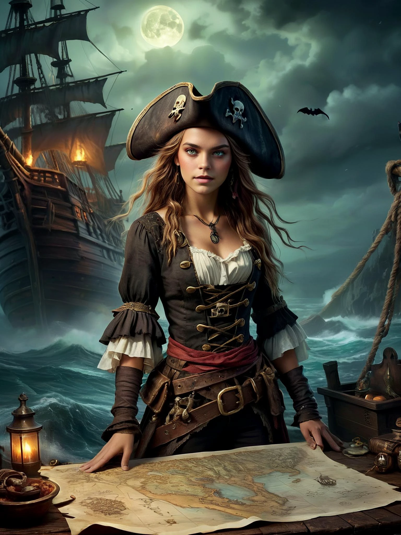 (Illustrate a haunted pirate ship on a cursed sea), (Design a cursed treasure map), Fantasy art, 18yo girl dressed as pirate for Halloween, airbrush painting,
<lora:RMSDXL_Enhance:0.4>,
<lora:add-detail-xl:0.8>,
<lora:RMSDXL_Darkness_Cinema:0.5>,
<lora:RMSDXL_Photo:0.45>,