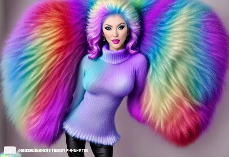 Full body photograph of a smiling (beautiful:3.9) woman. Luxury expensive fur-like mohair sweater (fuzzy:3.5), (fluffy:3.5), (shaggy:3.5) and (long hairy:4.9) with (cowl-neck:1.7). Long wavy hair. (voluminous puffy hair:3.1). (Iridescent rainbow color hair:3.2). (Iridescent rainbow color sweater:3.8). Long boots over the knee with high heels and (fur trimmed:2.5). (Fur trimmed:2.8) sweater. (Smoked eyes:3.2) makeup. Bold long (eye liner:3.2). (Long fluffy lashes:3.2). (Blue eyes:2.7) and (red lips:2). Smiling and showing (well arranged white teethes:2.8). (Big boobs:1.7). Cozy atmpsphere outside of log cabin with expensive (fox fur carpet:2.4). The women staying in front of window and the view is heavy snowing